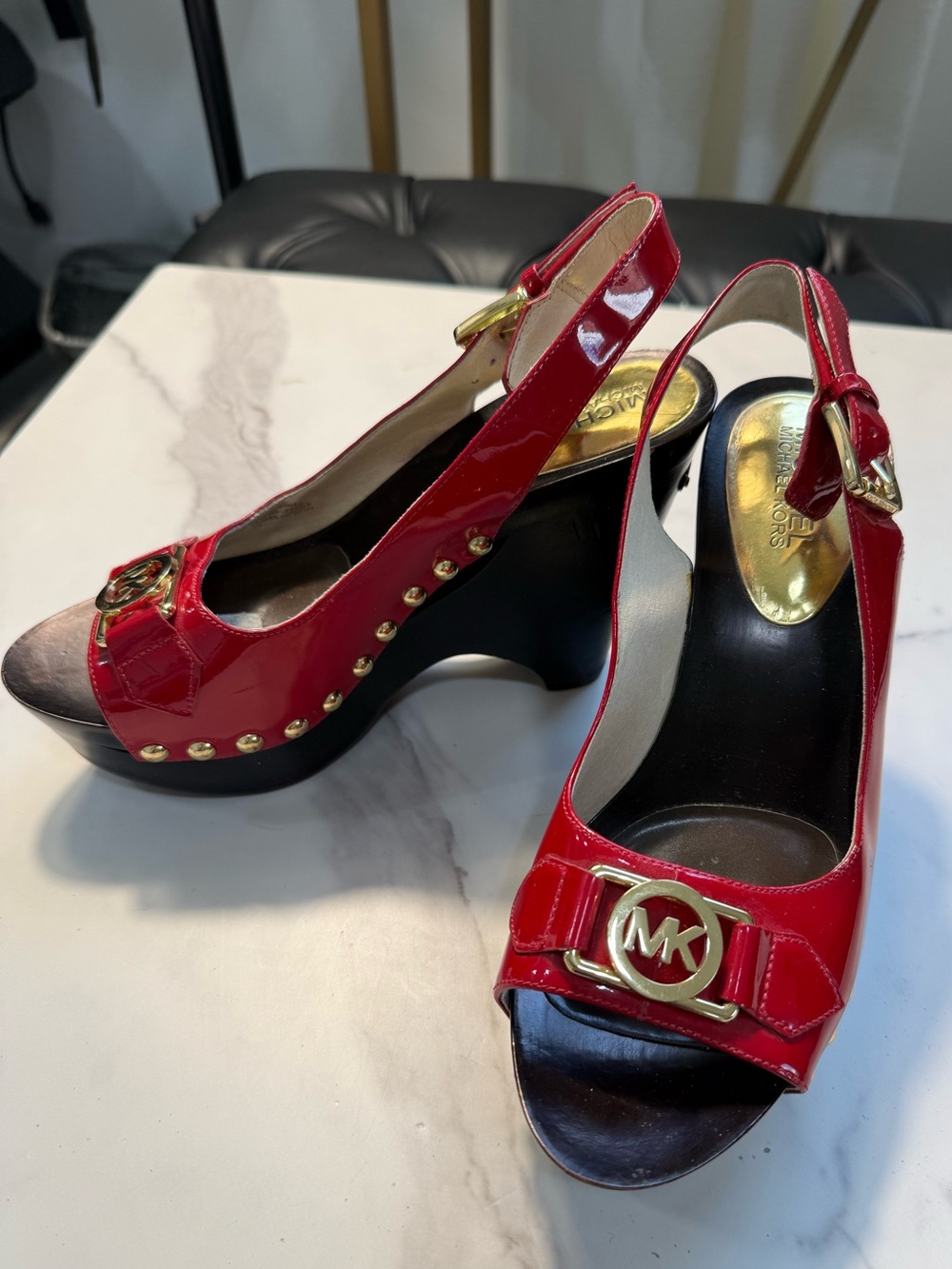 Michael Kors Red Patent Leather Gold-Trim Wedge Sandals